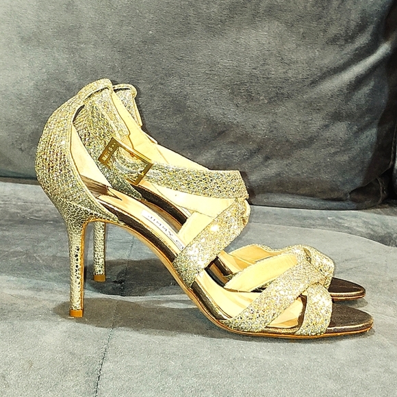 EUC JIMMY CHOO GOLD GLITTER "LOUISE"  STRAPPY HEEDLED SANDALS SIZE 7½ / 38½ UK - Picture 2 of 8